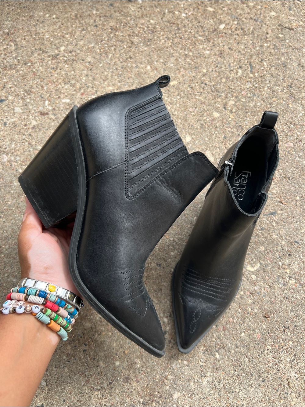 Franco Sarto Black Leather Cavallerie Block Heel Ankle Boots size 8.5